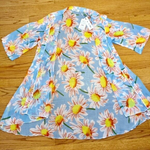 Boho Bold Yellow Daisy Floral Long Duster Kimono M - Picture 6 of 10